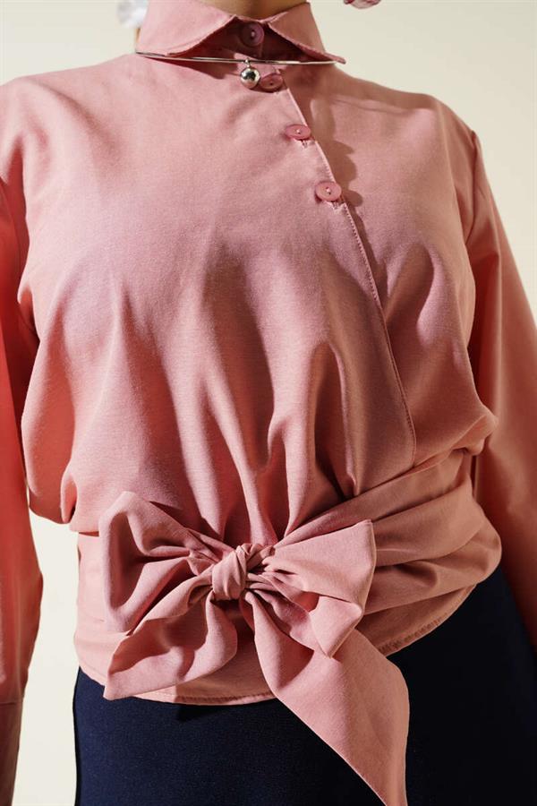 Buttoned Side Tie Short Shirt Powder