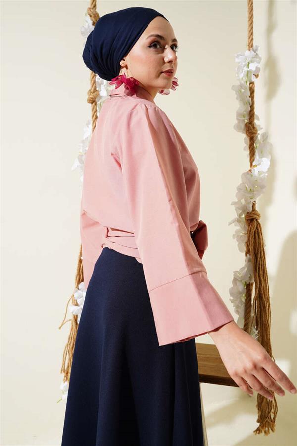 Buttoned Side Tie Short Shirt Powder