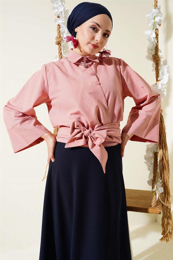 Buttoned Side Tie Short Shirt Powder