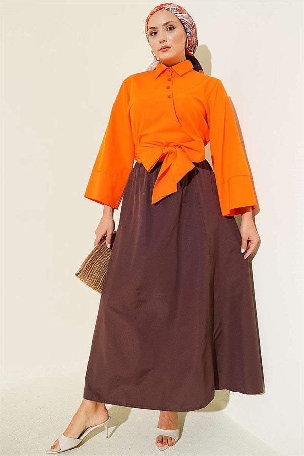 Buttoned Side Tie Short Shirt Orange