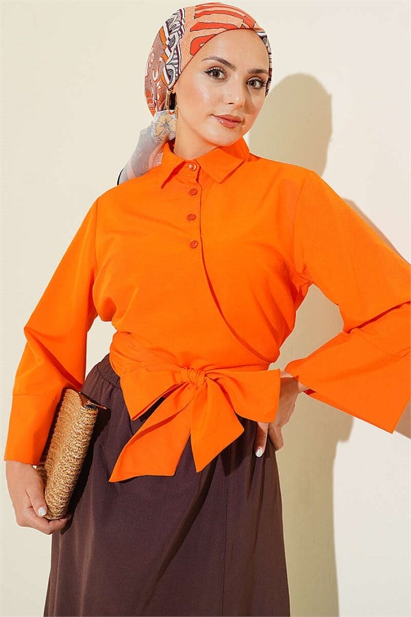 Buttoned Side Tie Short Shirt Orange