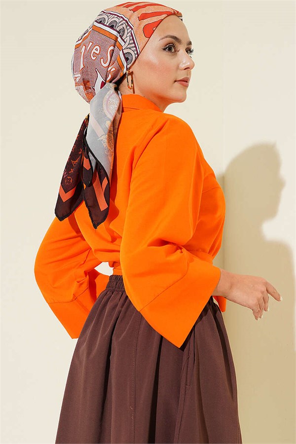 Buttoned Side Tie Short Shirt Orange