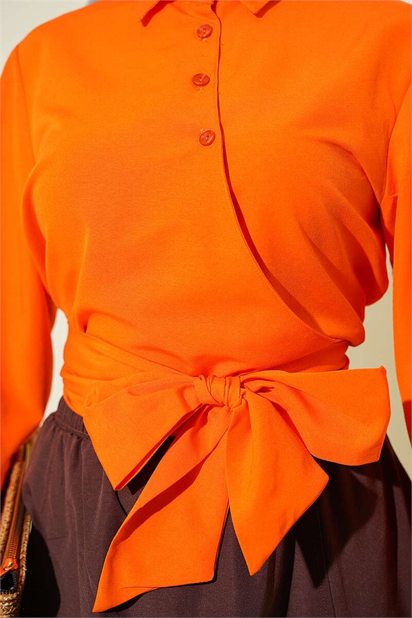 Buttoned Side Tie Short Shirt Orange
