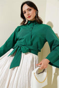 Buttoned Side Tie Short Shirt Emerald