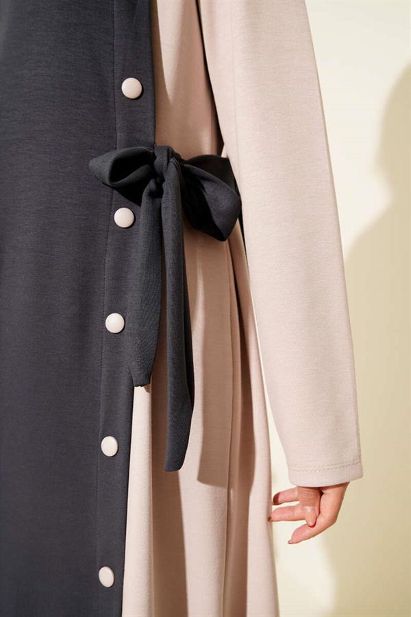 Buttoned Side Tie Crew Neck Dress in Smoke