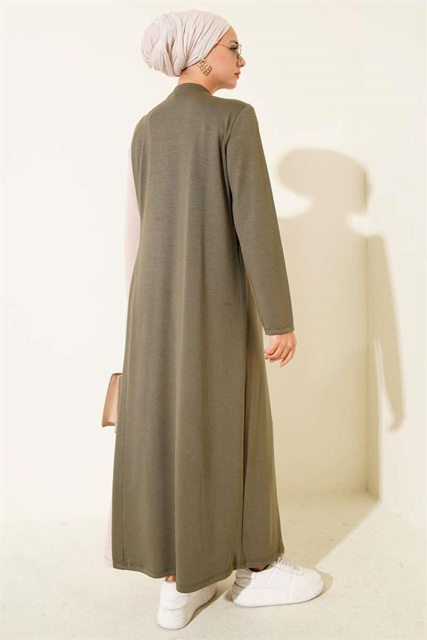 Buttoned Side Tie Crew Neck Dress Khaki