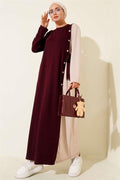 Buttoned Side Tie Crew Neck Dress Burgundy