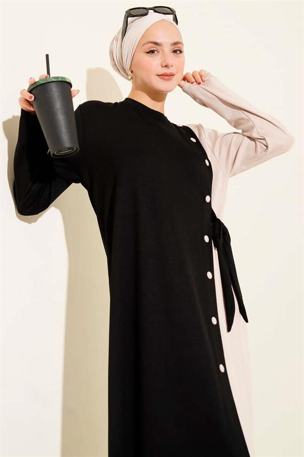 Buttoned Side Tie Crew Neck Dress Black