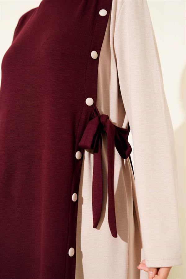 Buttoned Side Tie Crew Neck Dress Burgundy
