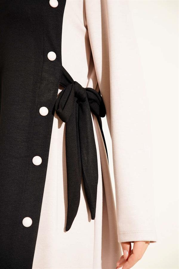 Buttoned Side Tie Crew Neck Dress Black