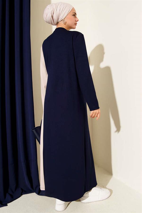 Buttoned Side Tie Crew Neck Dress Navy Blue