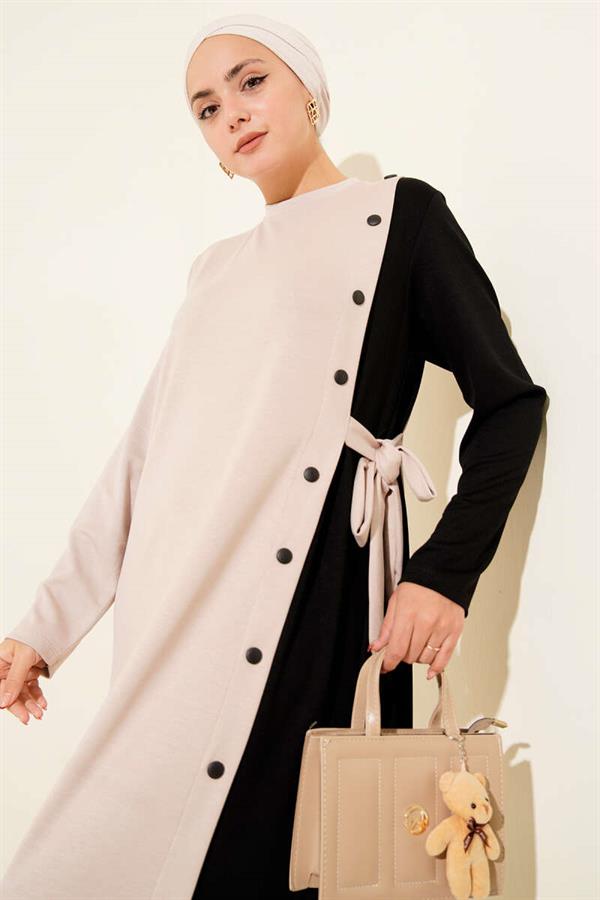 Buttoned Side Tie Crew Neck Dress Beige