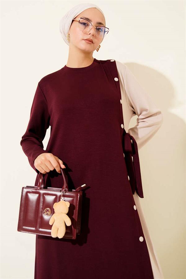 Buttoned Side Tie Crew Neck Dress Burgundy