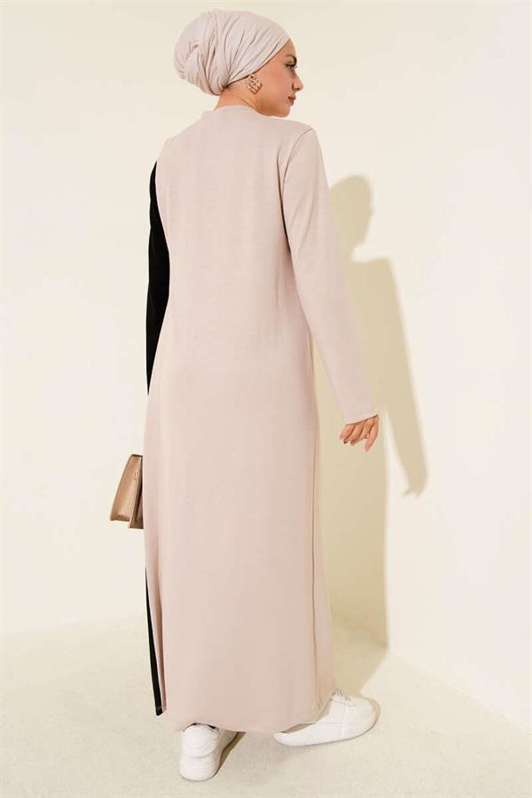 Buttoned Side Tie Crew Neck Dress Beige