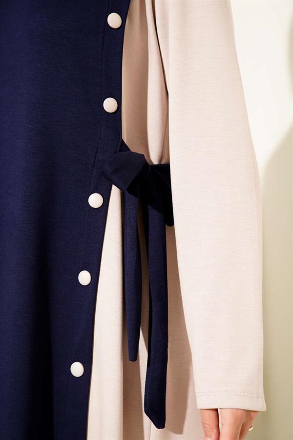 Buttoned Side Tie Crew Neck Dress Navy Blue