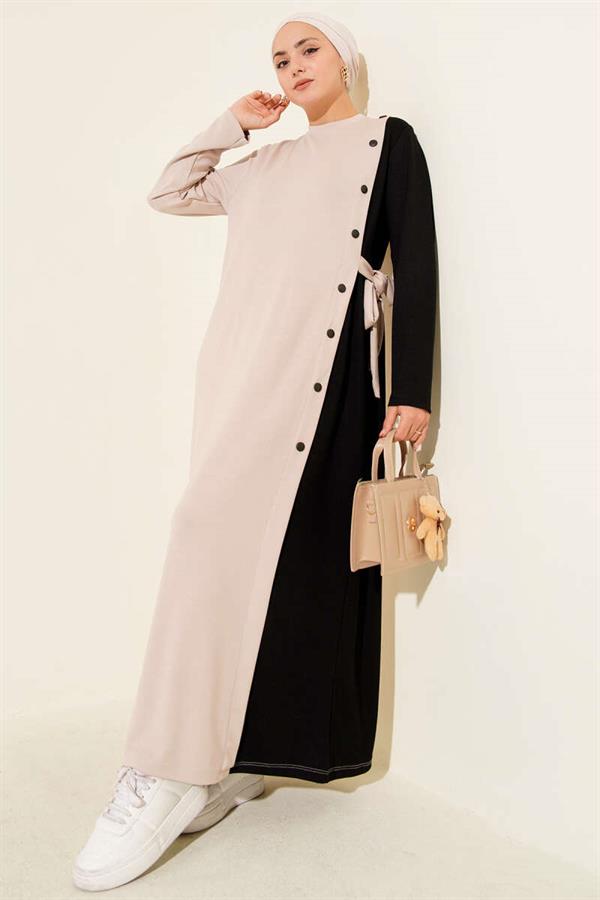 Buttoned Side Tie Crew Neck Dress Beige
