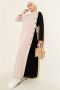 Buttoned Side Tie Crew Neck Dress Beige