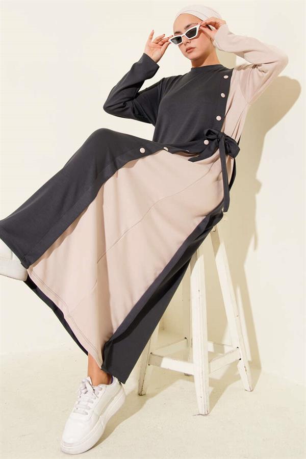 Buttoned Side Tie Crew Neck Dress in Smoke