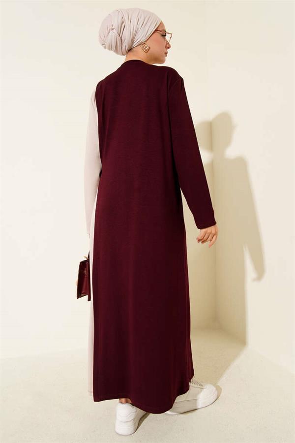 Buttoned Side Tie Crew Neck Dress Burgundy
