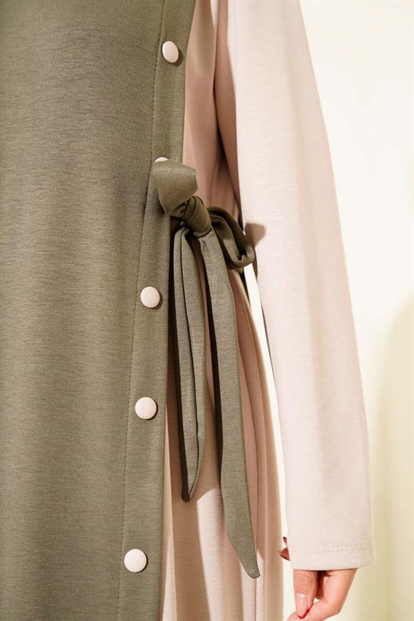 Buttoned Side Tie Crew Neck Dress Khaki