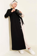 Buttoned Side Tie Crew Neck Dress Black