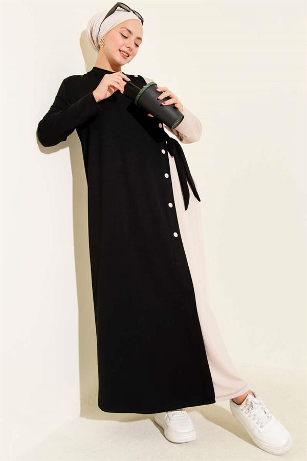 Buttoned Side Tie Crew Neck Dress Black