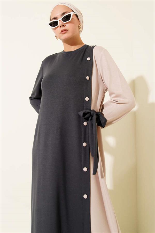 Buttoned Side Tie Crew Neck Dress in Smoke