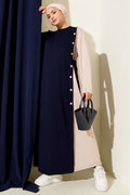 Buttoned Side Tie Crew Neck Dress Navy Blue