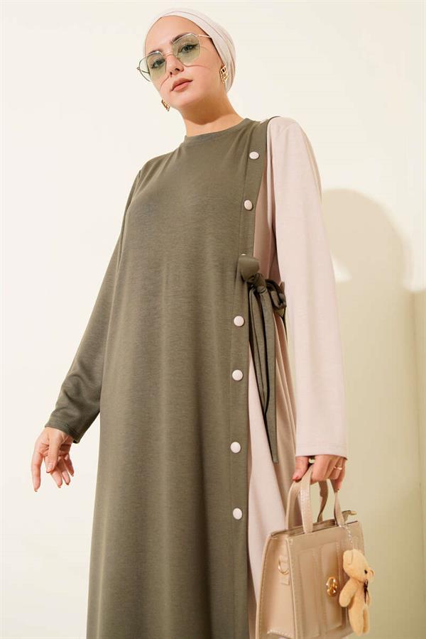 Buttoned Side Tie Crew Neck Dress Khaki