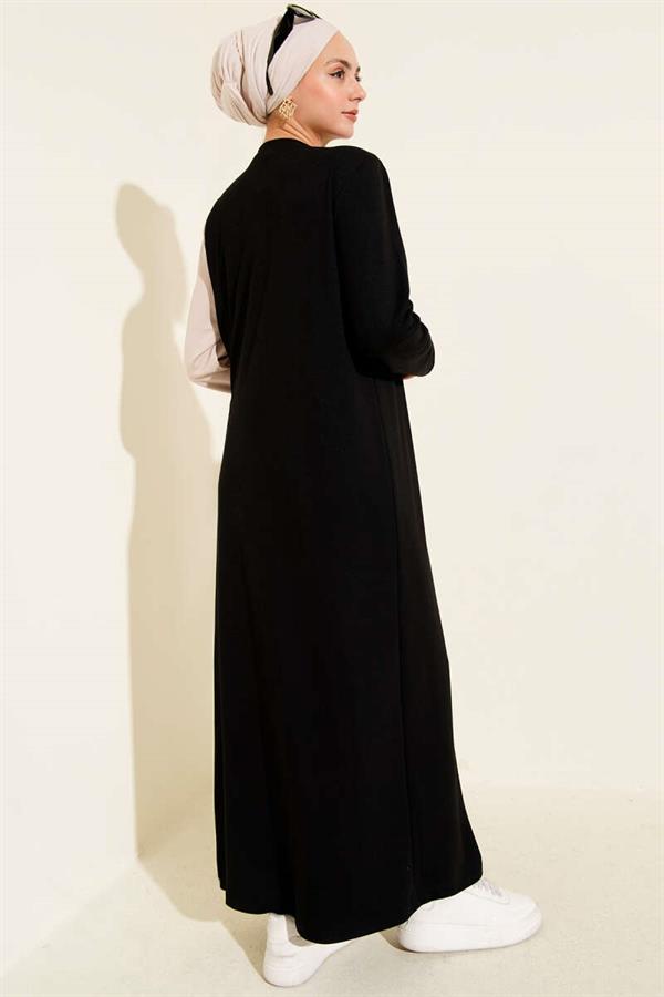 Buttoned Side Tie Crew Neck Dress Black