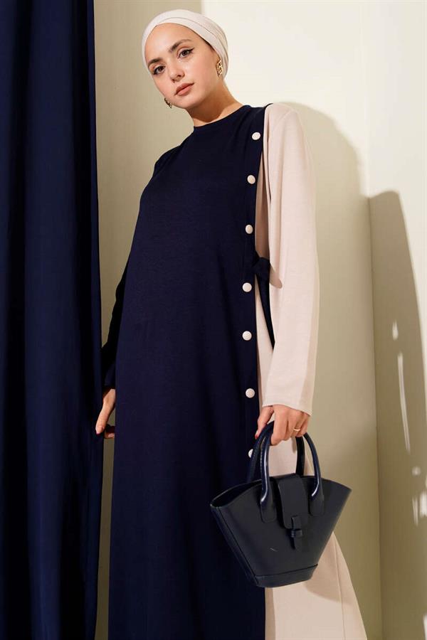 Buttoned Side Tie Crew Neck Dress Navy Blue