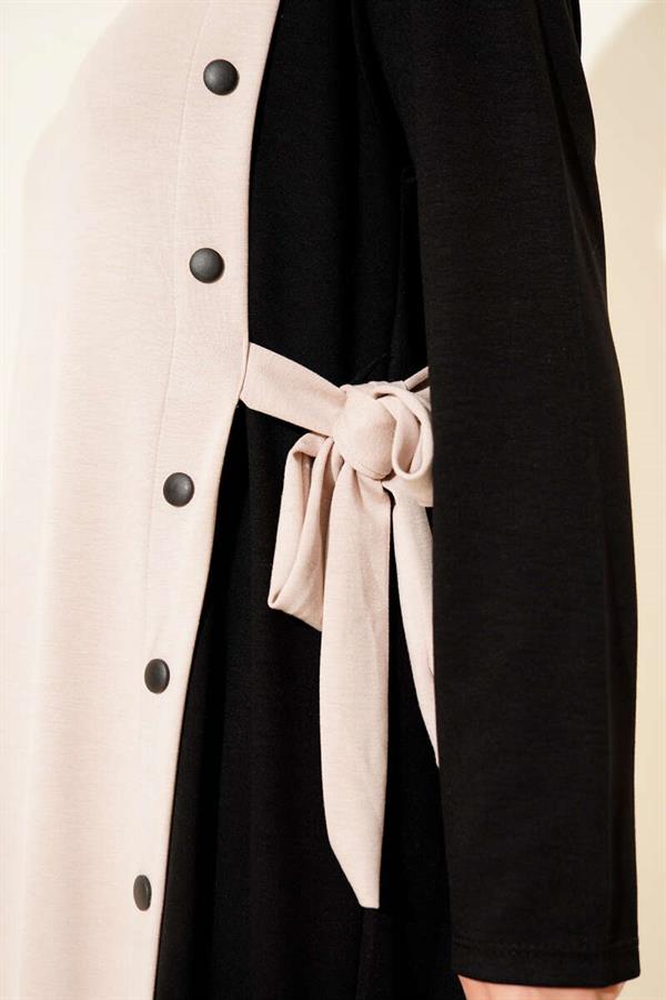 Buttoned Side Tie Crew Neck Dress Beige