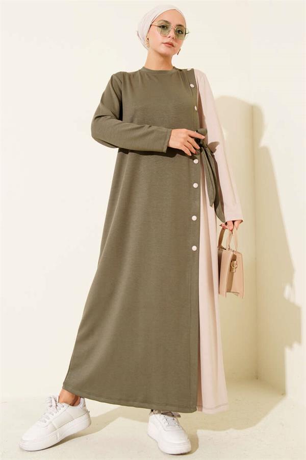 Buttoned Side Tie Crew Neck Dress Khaki