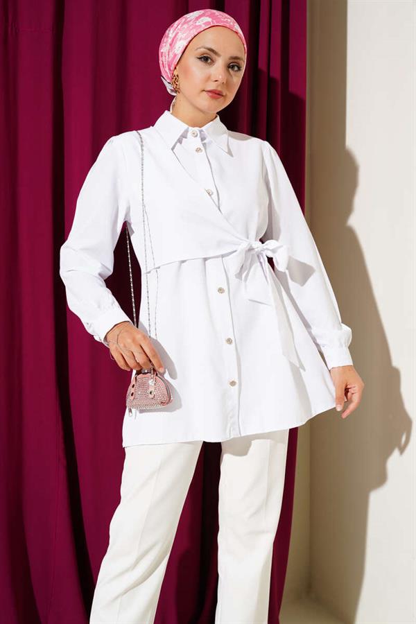 Buttoned Side Tie Shirt White