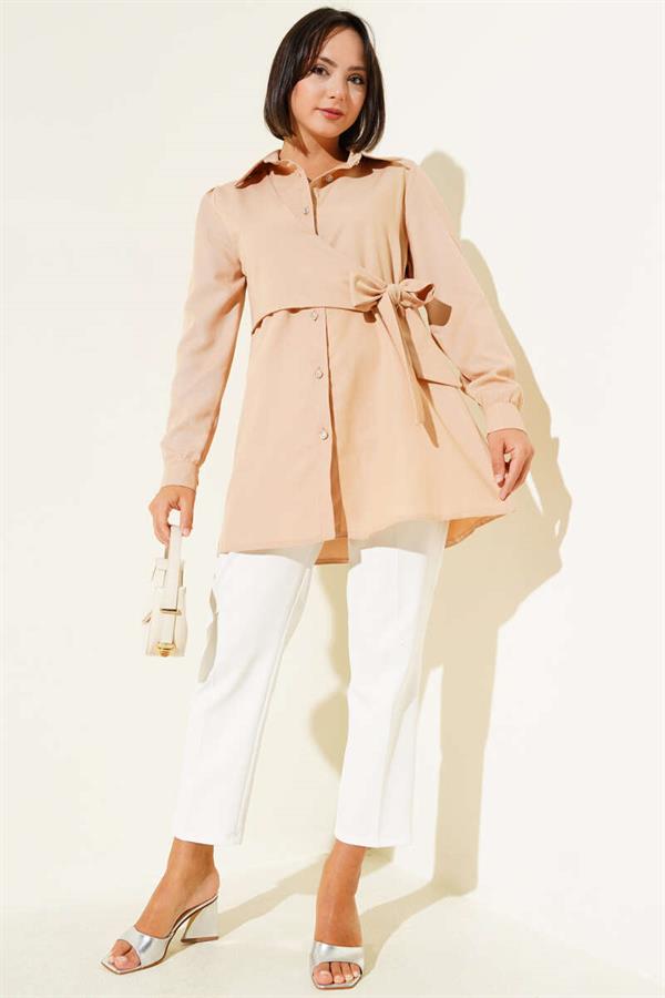 Buttoned Side Tie Shirt Camel