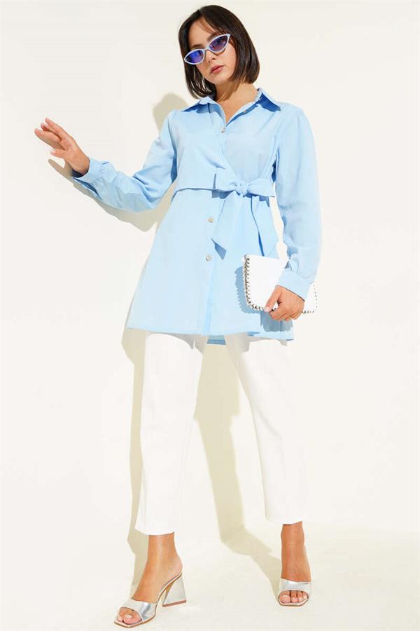 Buttoned Side Tie Shirt Blue