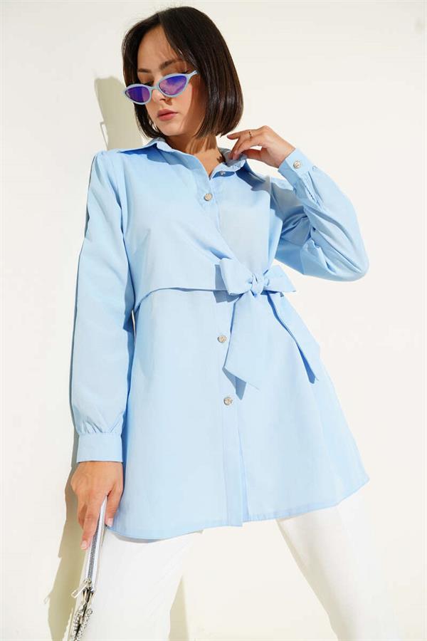 Buttoned Side Tie Shirt Blue
