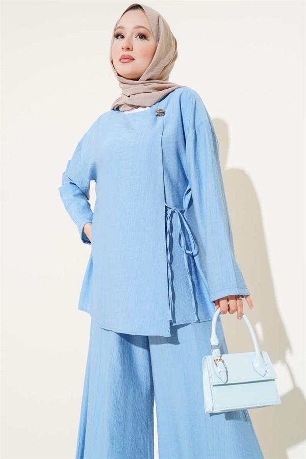 Buttoned Side Tie 2 Piecet Set Baby Blue