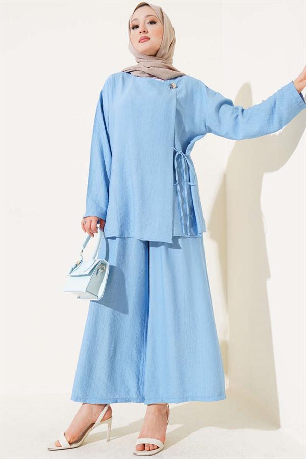 Buttoned Side Tie 2 Piecet Set Baby Blue