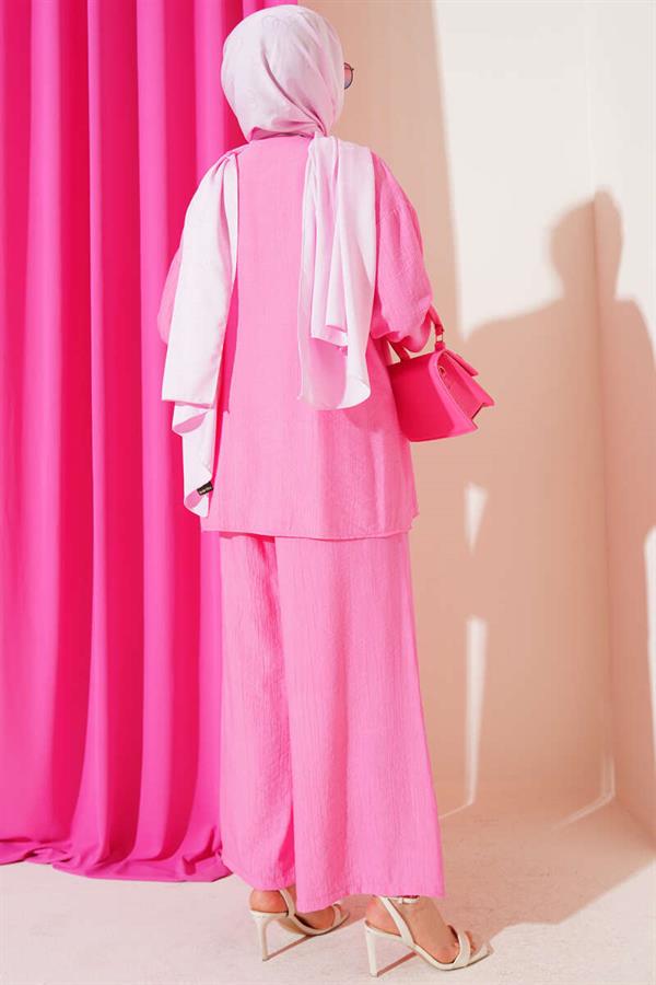 Buttoned Side Tie 2 Piecet Set Pink
