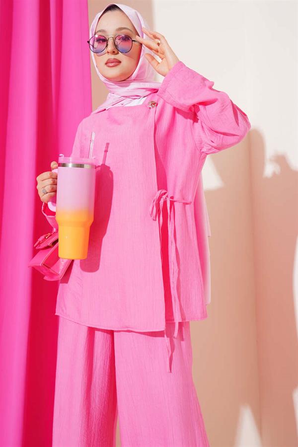 Buttoned Side Tie 2 Piecet Set Pink