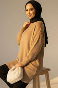 Off-Shoulder Detailed Knit Tunic Latte