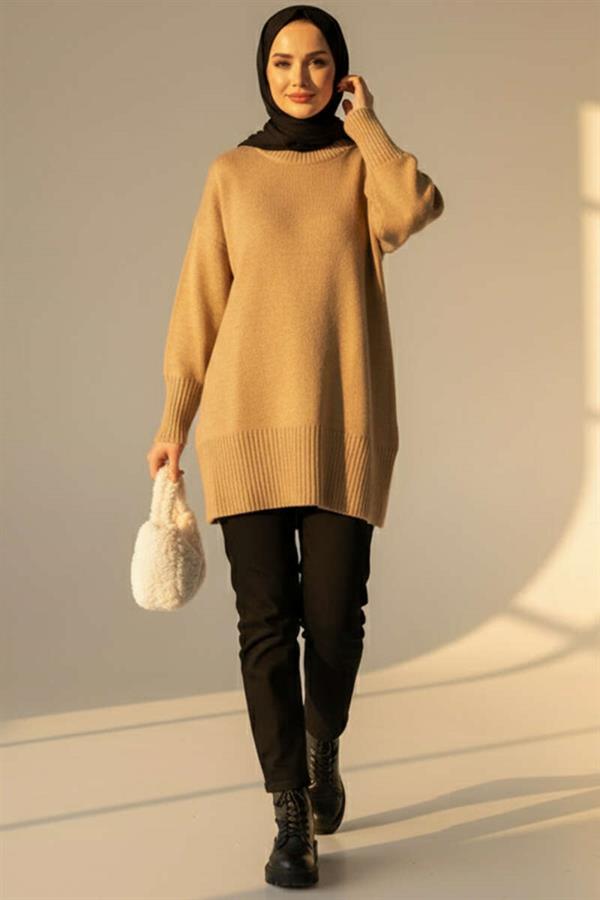 Off-Shoulder Detailed Knit Tunic Latte