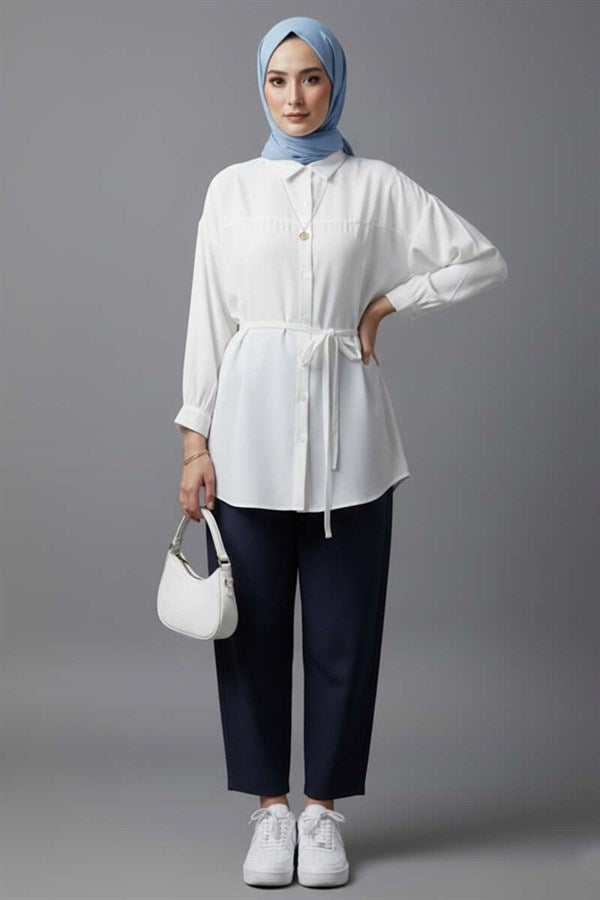 Off-Shoulder Modal Shirt with Drawstring, White