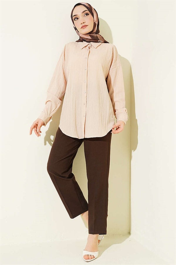 Off-Shoulder Tree Bark Shirt Beige