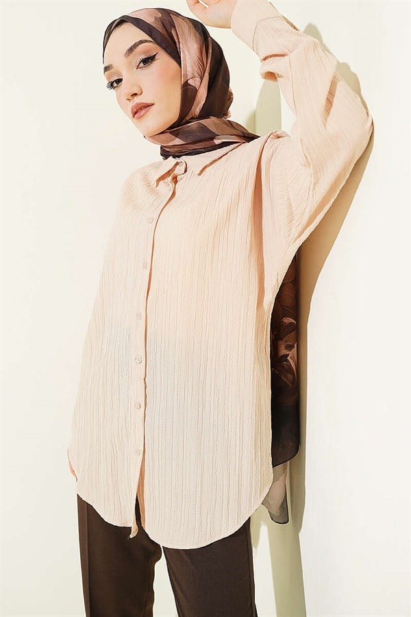 Off-Shoulder Tree Bark Shirt Beige