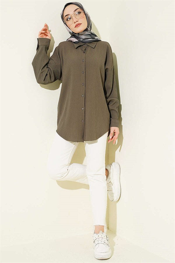 Dropped Shoulder Tree Bark Shirt Khaki