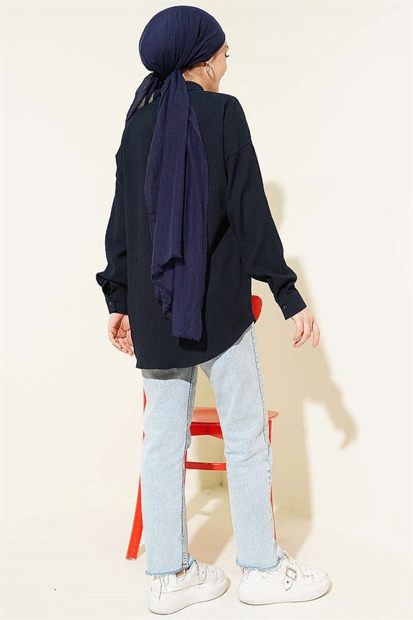 Dropped Shoulder Bark Shirt Navy Blue