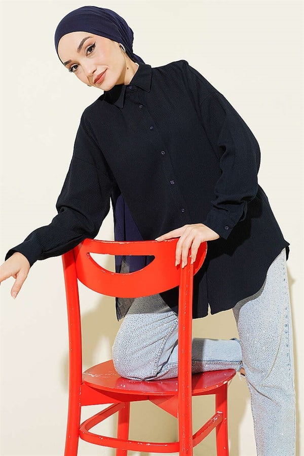 Dropped Shoulder Bark Shirt Navy Blue