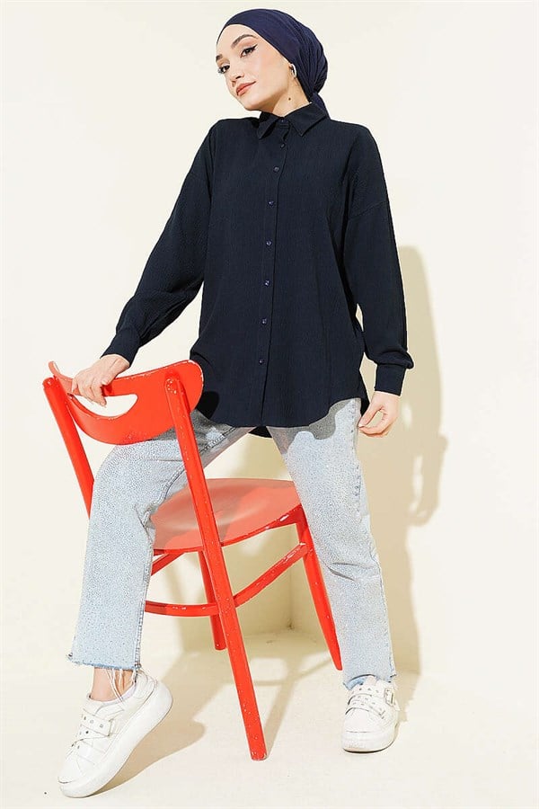 Dropped Shoulder Bark Shirt Navy Blue